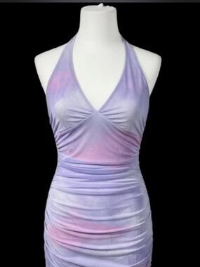 💜 Lavender Ombre Halter Ruched Mini Dress – Size Small